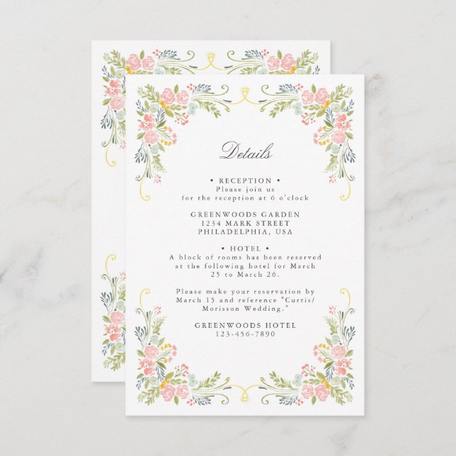 Rococo Garden Ornate Floral Wedding QR Details Enclosure Card (Front/Back)