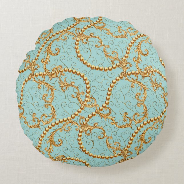 Rococo golden elements seamless pattern. Gold text Round Cushion (Front)