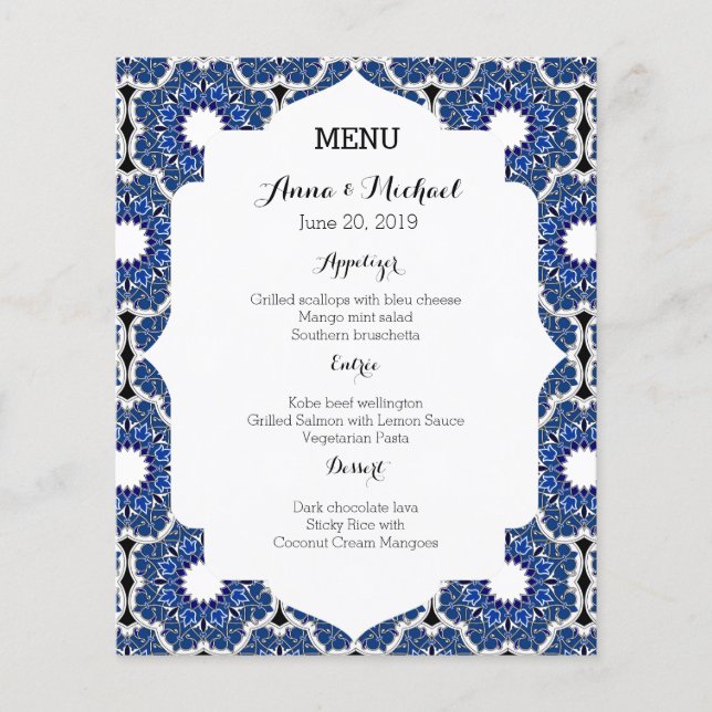 Rococo Indigo Beautiful Blue Wedding Menu (Front)