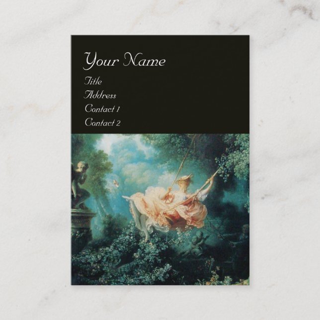 ROCOCO LADY ON SWING MONOGRAM Green Pink Black Business Card (Front)