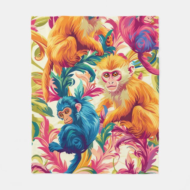 Rococo Monkey Pattern Fleece Blanket (Front)
