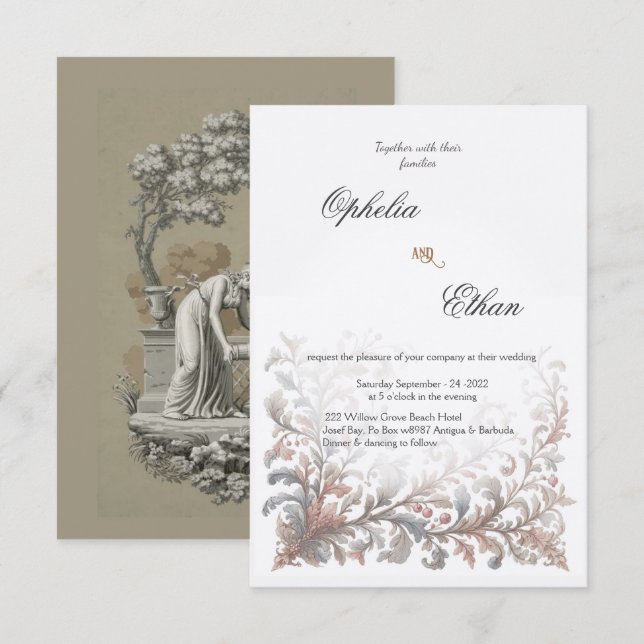 Rococo ornamental Floral wedding Invitation (Front/Back)