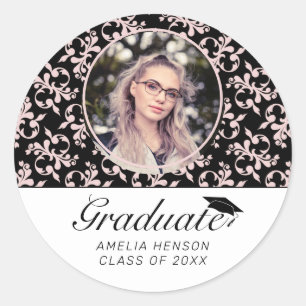 Rococo Pink Black Graduate Photo Graduation    Classic Round Sticker