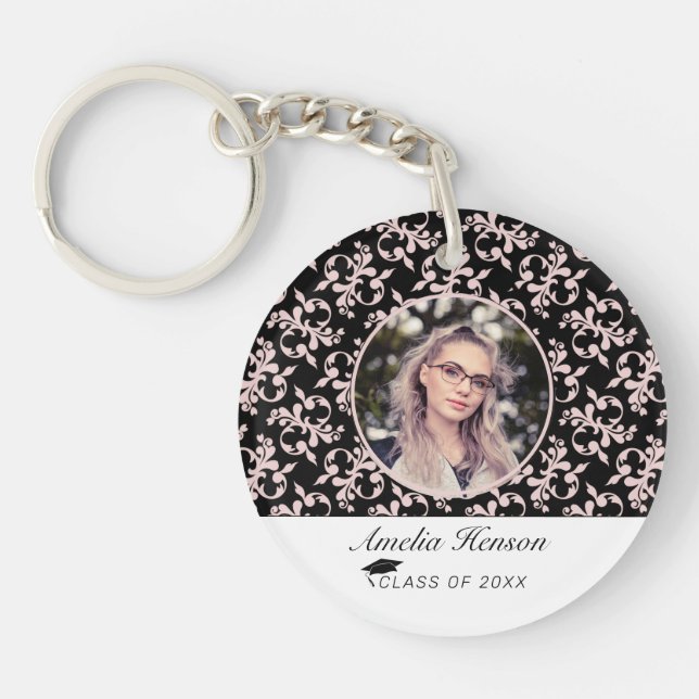 Rococo Pink Black Graduate Photo Graduation  Key Ring (Front)
