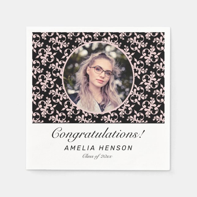 Rococo Pink Black Graduate Photo Graduation Napkin (Front)