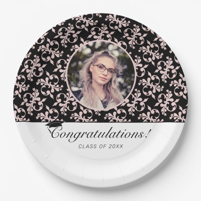 Rococo Pink Black Graduate Photo Graduation  Paper Plate (Front)