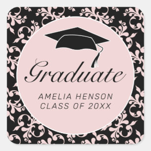 Rococo Pink Black Graduate Photo Graduation   Square Sticker