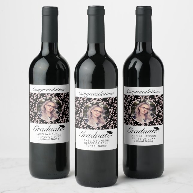 Rococo Pink Black Graduate Photo Graduation    Wine Label (Bottles)
