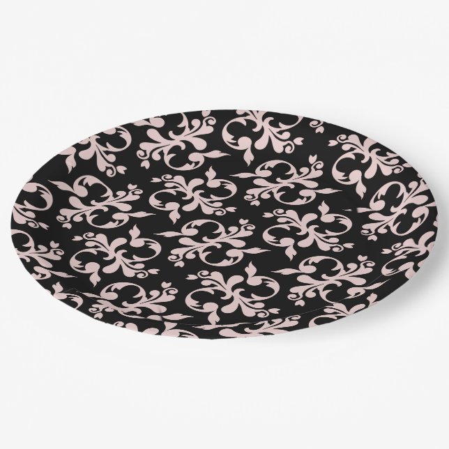 Rococo Pink Black Ornament Pattern  Paper Plate (Angled)