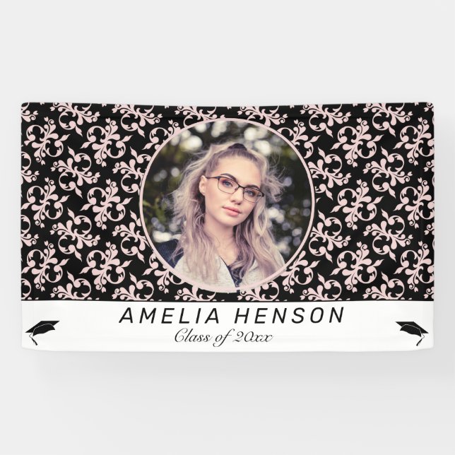 Rococo Pink Black Photo Name Class of Graduation  Banner (Horizontal)