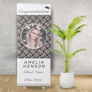 Rococo Pink Black Photo Name Class of Graduation   Retractable Banner