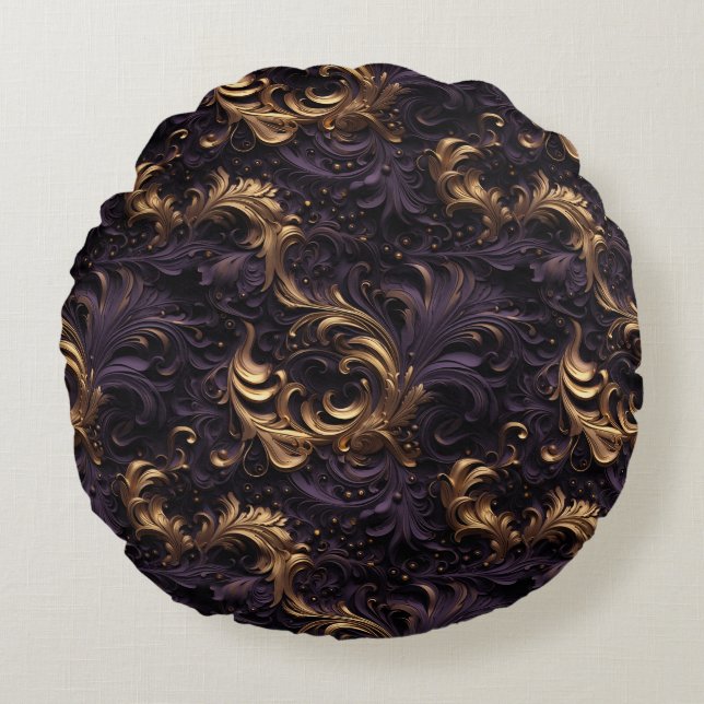 Rococo Realms: Golden Dark Purple Floral Beads Round Cushion (Front)