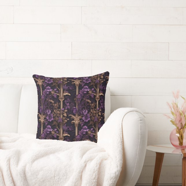 Rococo Realms: Golden Dark Purple Floral Columns Cushion (Couch)