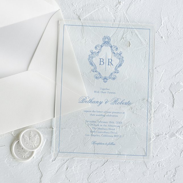 Rococo Vintage Monogram Blue Wedding Acrylic Invitations (Creator Uploaded)