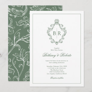 Rococo Vintage Monogram Sage Green Wedding Invitation