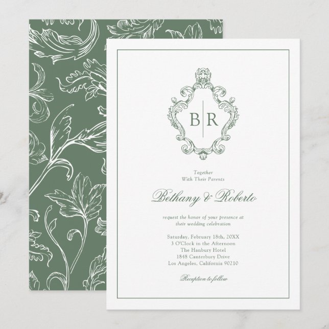 Rococo Vintage Monogram Sage Green Wedding Invitation (Front/Back)