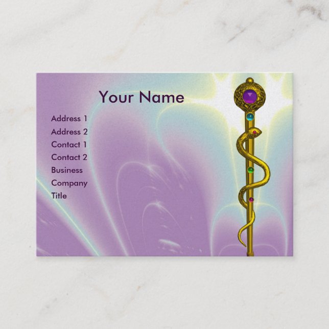 ROD ASCLEPIUS Gold Medical Healing Symbol Purple Business Card (Front)
