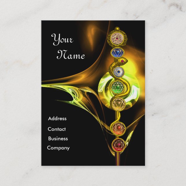 ROD OF ASCLEPIUS,7 CHAKRAS ,YOGA INSTRUCTOR Yellow Business Card (Front)