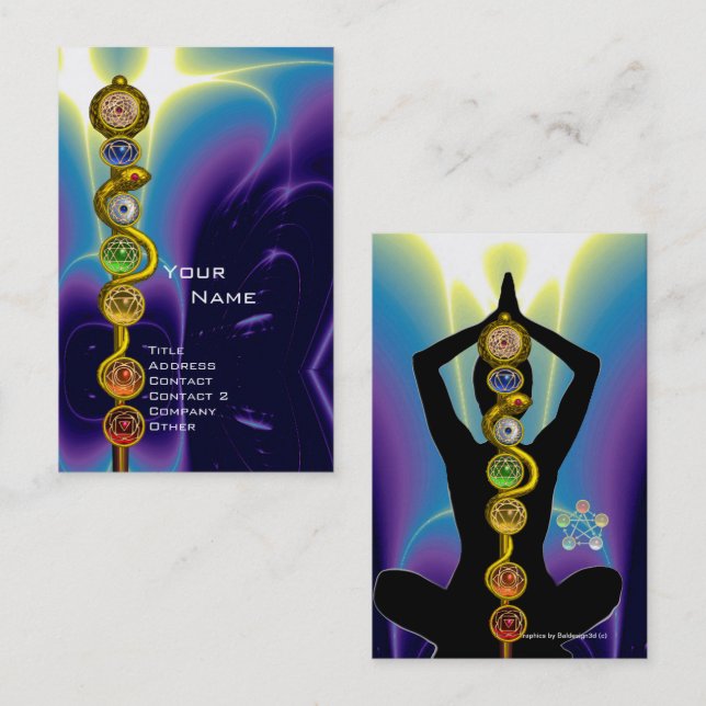 ROD OF ASCLEPIUS,7 CHAKRAS YOGA LOTUS POSE Blue Business Card (Front/Back)