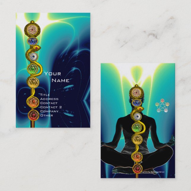 ROD OF ASCLEPIUS,7 CHAKRAS YOGA LOTUS POSE Blue Business Card (Front/Back)