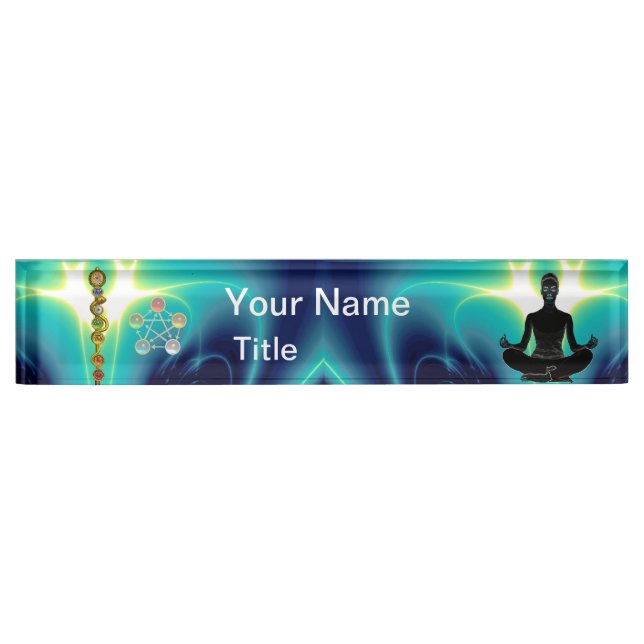 ROD OF ASCLEPIUS,7 CHAKRAS,YOGA LOTUS POSE Blue Nameplate (Front)