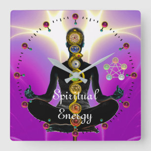 ROD OF ASCLEPIUS 7 CHAKRAS,YOGA LOTUS POSE Pink Square Wall Clock