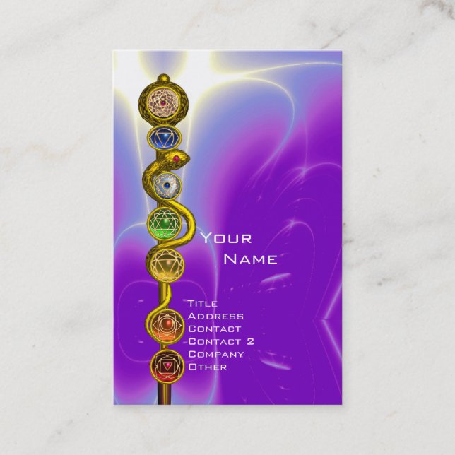 ROD OF ASCLEPIUS,7 CHAKRAS YOGA LOTUS POSE Purple Business Card (Front)