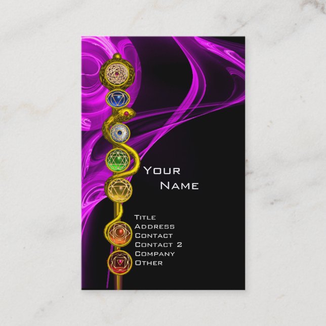 ROD OF ASCLEPIUS,7 CHAKRAS YOGA LOTUS POSE Purple Business Card (Front)