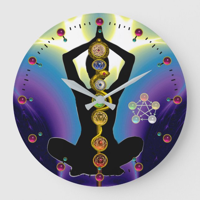 ROD OF ASCLEPIUS 7 CHAKRAS,YOGA LOTUS POSE Purple Large Clock (Front)