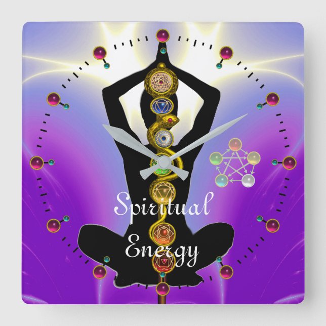 ROD OF ASCLEPIUS 7 CHAKRAS,YOGA LOTUS POSE Purple Square Wall Clock (Front)