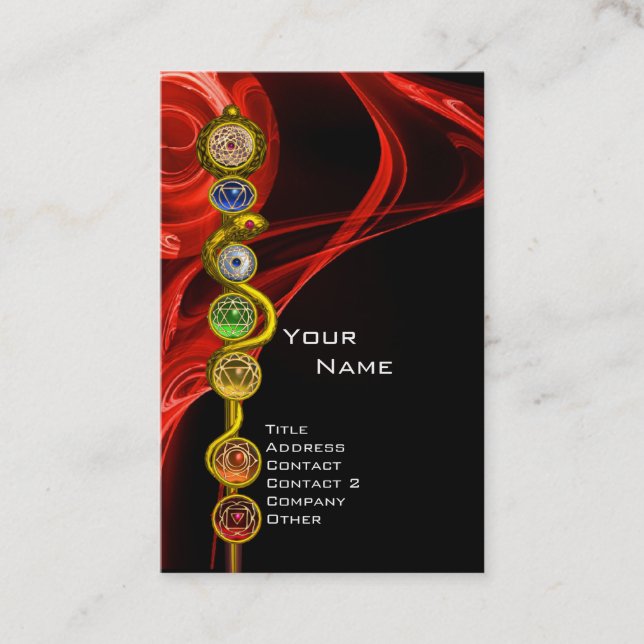 ROD OF ASCLEPIUS,7 CHAKRAS YOGA LOTUS POSE Red Business Card (Front)