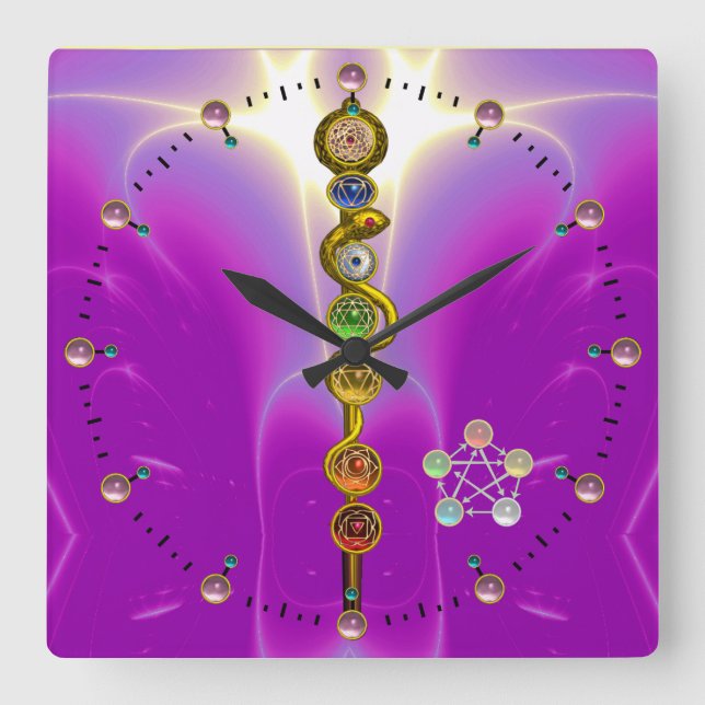 ROD OF ASCLEPIUS 7 CHAKRAS,YOGA ,SPIRITUAL ENERGY SQUARE WALL CLOCK (Front)