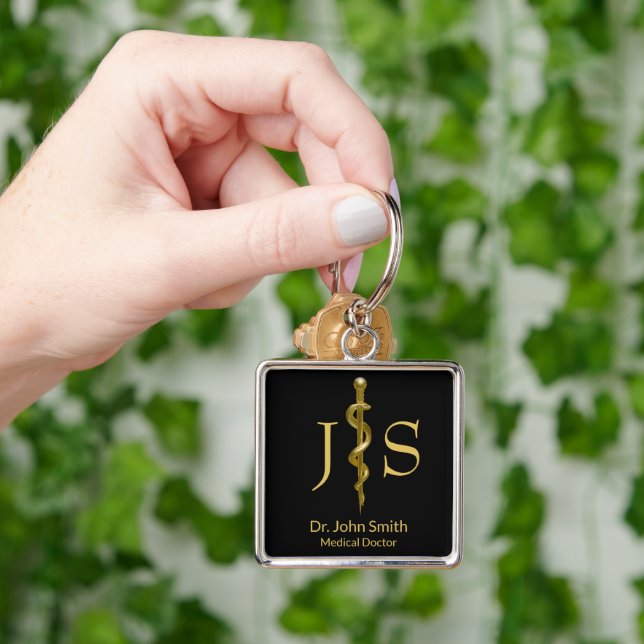 Rod of Asclepius Classy Medical Gold on Black Key Ring (Hand)
