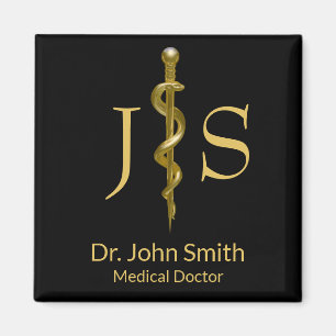 Rod of Asclepius Classy Medical Gold on Black Magnet