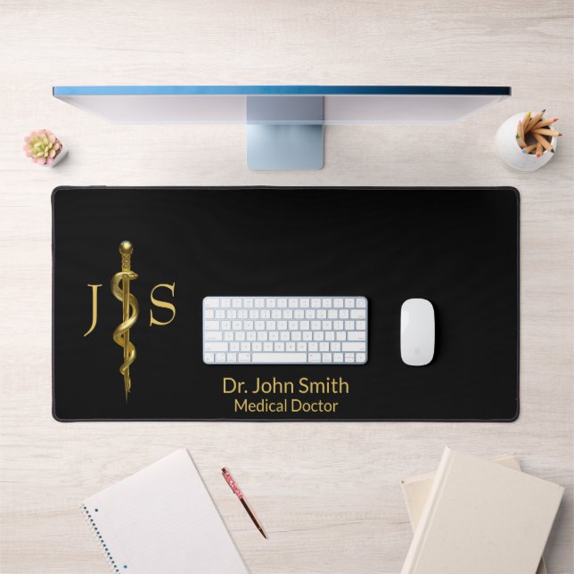 Rod of Asclepius Classy Medical Gold on White Desk Mat (Office 1)