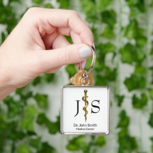 Rod of Asclepius Classy Medical Gold on White Key Ring