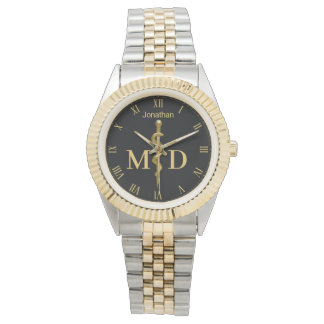 Rod of Asclepius Gold on Black Medical Doctor MD Watch