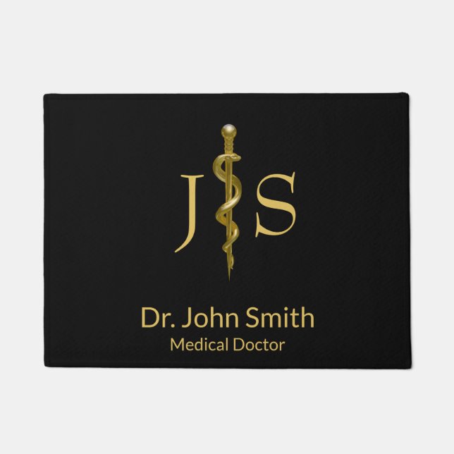 Rod of Asclepius Medical Classy Gold on Black Doormat (Front)