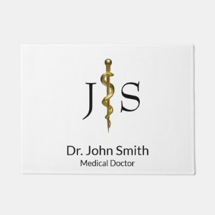 Rod of Asclepius Medical Classy Gold on White Doormat