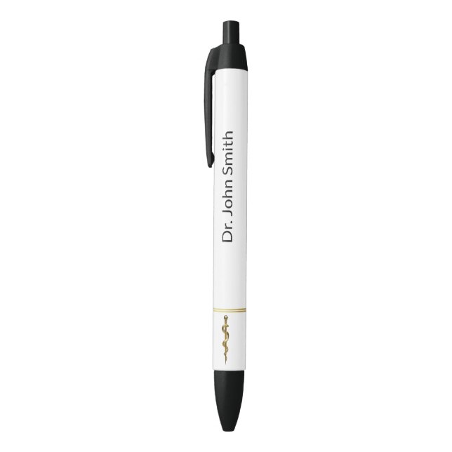 Rod of Asclepius Medical Gold on White Classy Black Ink Pen (Top (Vertical))