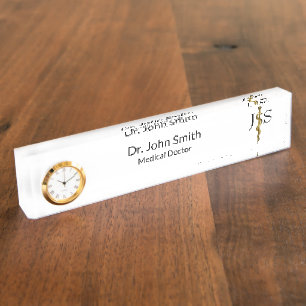 Rod of Asclepius Medical Gold on White Classy Nameplate