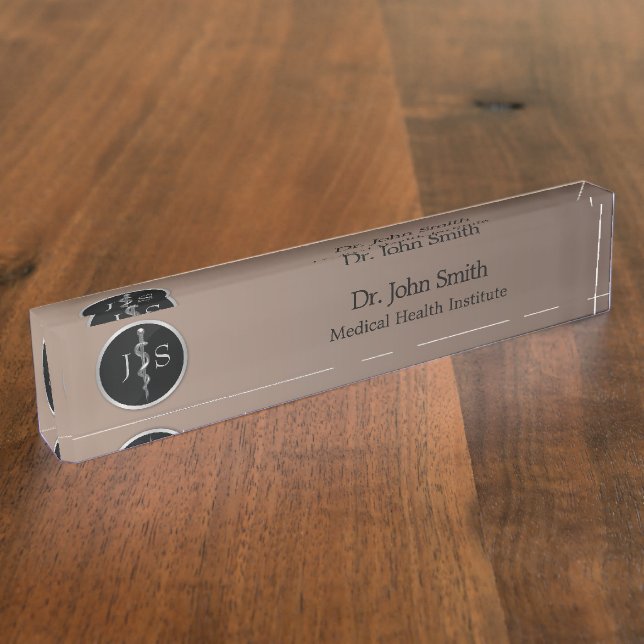 Rod of Asclepius Medical Silver Noble Classy Nameplate (Side)