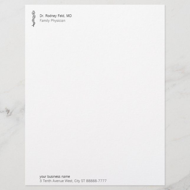Rod of Asclepius [medical symbol] Personalized Letterhead (Front)