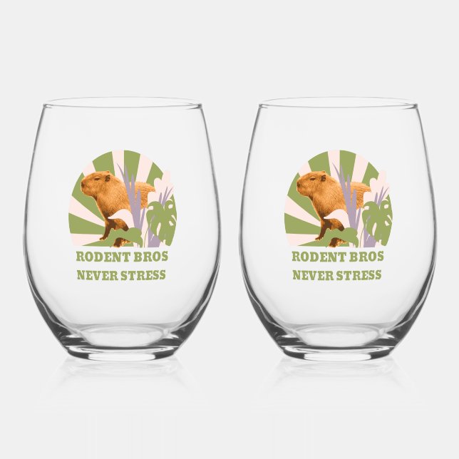 Rodent Bros Never Stress Capybara Stemless Wine Glass (Front)