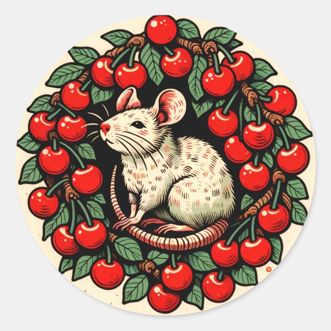 Rodent Fruit Cherry Rat Art Rats Cherries          Classic Round Sticker (Front)