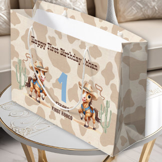 Rodeo Beige Cowboy Horse Western Name 1st Birthday Large Gift Bag