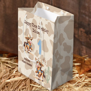 Rodeo Beige Cowboy Horse Western Name 1st Birthday Medium Gift Bag