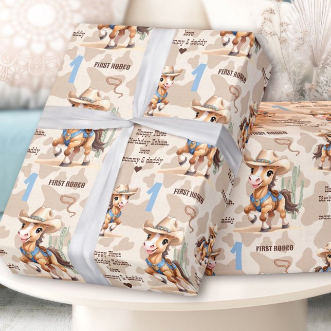 Rodeo Beige Cowboy Horse Western Name 1st Birthday Wrapping Paper (Rodeo Beige Cowboy Horse Western Name 1st Birthday Wrapping Paper)