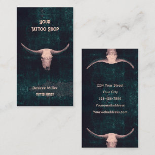 Rodeo Beige Teal Western Tattoo Shop Bull Skull Business Card