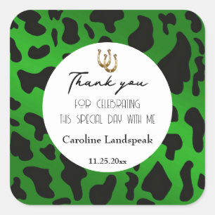 Rodeo Birthday Emerald Green Cowhide Thank You Square Sticker